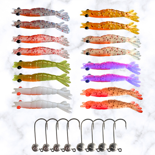 Kit com 16 Camarões Ovados + 8 Jig Heads
